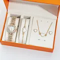 Close-up of jewelry set with quartz watch, heart necklace and earrings in orange box - White Enamel Heart (Watch + Jewelry) / Five-Piece Set / Rose Gold