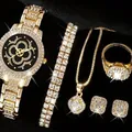 Elegant gold-tone ladies quartz watch and matching crystal jewelry set on black. - A59 Double Row Square Set (Without Box) / Gold
