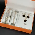 Coffret montre et bijoux luxe or rose avec pendentifs cœur et diamants en boîte orange - Style Cadran Noir A1 / Coffret Cadeau (5 pièces) / Noir