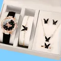 5-piece elegant women's watch and jewelry set with black butterfly motif in gift box. - Butterfly Style (A16) / Watch Jewelry Ensemble (No Box) / Rose Gold