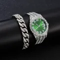 Luxuriöse Herrenuhr mit grüner Zifferblatt und Iced-Out-Armband im Hip-Hop-Stil. - Uhren- und Armband-Set / Silbernes Armband Grünes Zifferblatt + Silbernes Armband