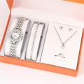 5-piece women's silver jewelry and watch set with rhinestones in an orange gift box. - A5 Silver Style / Without Box