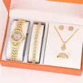 Elegant 5-piece women's gold-tone jewelry set with rhinestone quartz watch and necklace. - Windmill Gold Style / With Gift Box