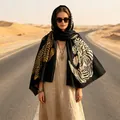 Eleganter schwarzer Baumwoll-Leinen-Schal mit feinen Leopard- und Tiger-Kunstdrucken - Leopard - Schwarz / 90-180cm