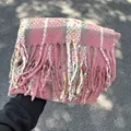 Cozy pink and white plaid winter scarf featuring elegant long tassels for autumn fashion - Creamy Pink Plaid