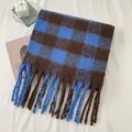 Dick gepunkteter Schal in Blau und Braun mit Fransen aus weichem Mohair-Stoff - Kleine Version (30-200cm) / Blau Braun Kariert