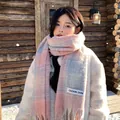 Weicher rosa-blauer Karo-Winterschal für Damen, eleganter Kaschmir-Imitat-Schal - Blue and pink plaid scarf / 200cm