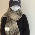 Écharpe d'hiver douillette à carreaux verts et marrons avec franges pour femmes - Écharpe châle style tweed vert
