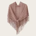 Eleganter altrosa gestrickter durchbrochener Dreiecksschal mit Fransen für Damen - Fransen Khaki
