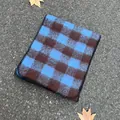 Classic blue and brown checkered mohair scarf with bound edges for cozy winter style - Long With Edging / Blue Plaid