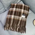 Weicher braun-beiger karierter Winterschal aus Kaschmirimitat mit Fransen für Damen - Doppeletikett Karo Kaffee / 70-200cm