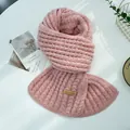 Chunky pink knitted winter scarf with a decorative hand made leather tag label - 28-180cm / Pink