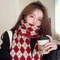 Stylish red argyle checkered knit scarf for women's Christmas and winter fashion outfits - Red Knitted Diamond Plaid / 70-200cm