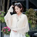 Elegant chiffon sun protection cape with bow tie and contrast piping for women - Tops / Beige