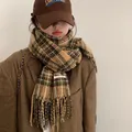 Klassischer braun karierter Schal aus Kaschmir-Imitat mit Fransen für Damen im Winter - 65-200cm / Khaki Fein Kariert