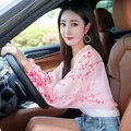 Summer floral print pink chiffon sun protection shawl thin cover up for women driving - Pink Plum Blossom