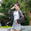 Black polka dot chiffon sun protection bolero shrug with ruffled long sleeves for women - Black Dot