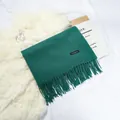 Elegant solid dark green imitation cashmere scarf with fringe details on white fur - 70-200cm / Dark Green