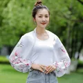 White floral print chiffon sun protection shawl with ruffled sleeves for women's summer wear - White Branch Flower