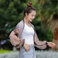 Elegant paisley print chiffon sun protection shawl shrug with ruffled sleeves for women - Black Paisley
