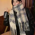 Cozy blue and beige plaid winter scarf with fringe tassels for casual daily wear - Angora navy blue midget / 200cm