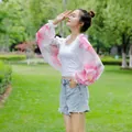 Stylish floral chiffon sun protection shawl bolero for women with pink flower print - White Peony