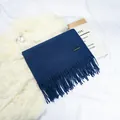 Solid blue imitation cashmere scarf with tassel fringe for autumn and winter. - 70-200cm / Navy Blue