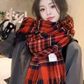 Stylish red plaid Christmas scarf with soft tassels for autumn and winter Korean look - White Striped Red Plaid / 70-200cm