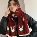 Cozy red knitted Christmas scarf featuring white reindeer patterns for women's winter style - Red Small Reindeer Horns / 65-200CM