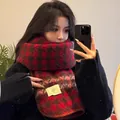 Luxurious red and black houndstooth plaid wool winter scarf styled by an Asian model - Red Houndstooth with Colored Border / 70-200cm
