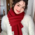 Cozy red ribbed knit scarf for Christmas worn by model with white fuzzy sweater - Solid Knitted Scarf with Letter Label / 70-200cm