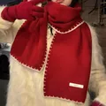 Red knitted winter scarf and matching gloves set with elegant contrast stitching - Red Overlock Knitted Scarf Set / 70-200cm