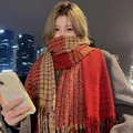 Korean style red and brown checkered scarf for women, cozy winter Christmas gift shawl wrap - Double-Sided Plaid Red / 65-200CM