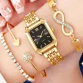 Detailed view of elegant gold-toned women's watch and matching bracelet jewelry set - Watch Bracelet Set (No Box) / Gold/Black