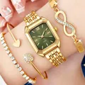 Elegant gold women's quartz watch with green octagonal face and rhinestone bracelets - Watch Bracelet Set (No Box) / Gold/Green