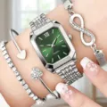 Elegante set di orologio da donna in argento con quadrante verde e bracciali con diamanti - Argento/Verde