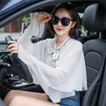 White chiffon sun protection shawl with lace-up bow and black wavy trim for driving - Tops / White