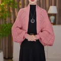 Elegante coprispalle in maglia rosa con motivo a rombi e maniche a lanterna - Top / Rosa