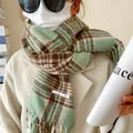 Green and brown plaid cashmere scarf for women with tassels for autumn and winter warmth - 65-200CM / Mint Green Fine Plaid