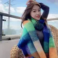Warmer und dicker bunter Mohair-Karoschal für Damen für die kalte Wintersaison - Blau Grün Kariert (Mohair-Stil)