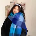 Blue checkered mohair scarf for winter warmth, soft and thick knit pashmina wrap. - Royal Blue Plaid (Mohair Style)