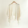 Elegant cream hollow-out crochet knit shawl with tassels for women's ethnic travel style - Tops / Beige