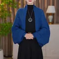 Elegante cardigan scialle lavorato a maglia blu con motivo a scacchi e maniche a pipistrello - Top / Blu zaffiro