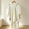 White bohemian knitted hooded poncho cape with fringe tassels and wooden buttons - Tops / Hoodie White