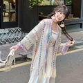 Bohemian white crochet shawl with rainbow tie-dye gradient and fringe details - Tops / Multicolor Hollow