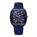 Detailed view of men's blue quartz watch with silicone strap and rose gold accents - 方形酒桶型表壳款式 / Blue Silicone
