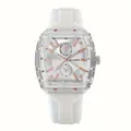 Detailed view of a stylish men's quartz watch with a transparent square case and white strap - 透明方形表壳款式 / White Silicone