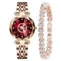 Montre à quartz de luxe pour femme en or rose avec cadran rouge étoilé et son bracelet - Montre Cadran Rouge + Ensemble Bracelet / Rouge