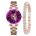 Parure montre à quartz luxe or rose pour femme avec cadran violet et bracelet coeur - Montre Cadran Violet + Ensemble Bracelet / Violet