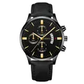 Detail of a luxury men's black quartz watch with gold markers and black silicone strap - 商务三眼计时皮带款式 / Black Case Black Dial Gold Hands